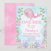 Invitation Baleine rose sous la mer Filles 1er anniversaire (Devant / Derrière)