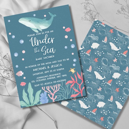 Invitation Baleine sous l'océan Baby shower de mer Maman Papa
