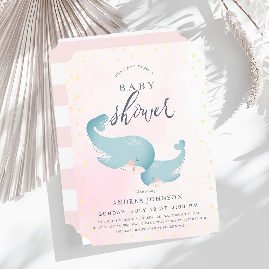 Invitation Baleines Aquarelle rose Baby shower fille