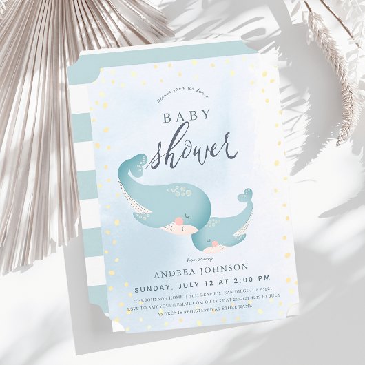 Invitation Baleines Watercolor Blue Boy Baby shower