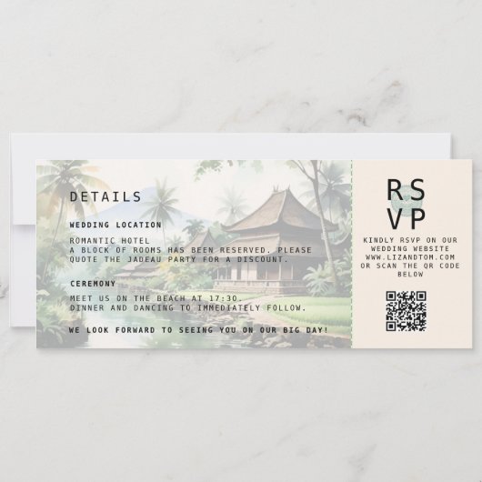 Invitation Bali Destination Boarding Pass Mariage photo vert (Dos)