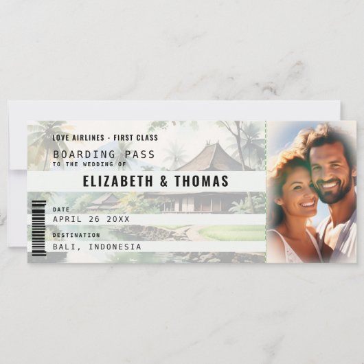 Invitation Bali Destination Boarding Pass Mariage photo vert (Devant)