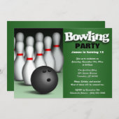 Invitation Ball & Pins Green Bowling fête d'anniversaire (Devant / Derrière)
