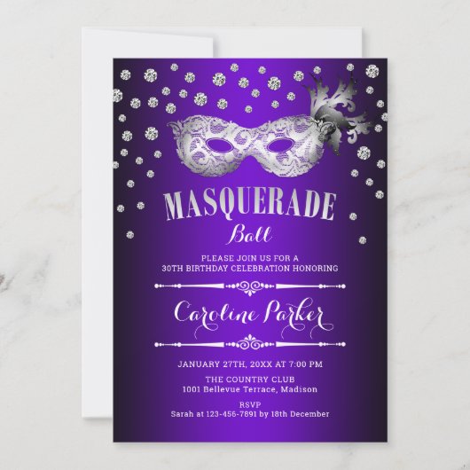 Invitation Balle d'anniversaire en argent violet mascarade (Devant)
