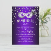 Invitation Balle d'anniversaire en argent violet mascarade (Debout devant)
