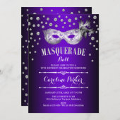 Invitation Balle d'anniversaire en argent violet mascarade (Devant / Derrière)