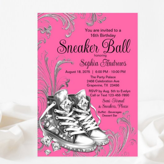 Invitation Balle de basket à semelles en diamant argenté rose
