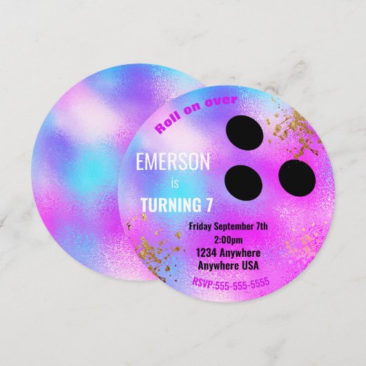 Invitation BALLE DE BOWLING Violet, bowling, fête d'anniversa (Devant / Derrière)