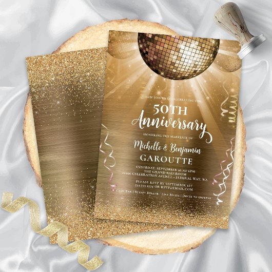 Invitation Balle de disco Glam Or 50e anniversaire de mariage