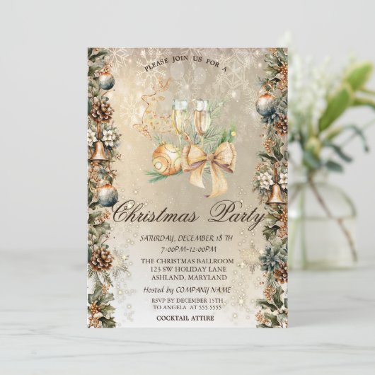 Invitation Balle de Noël, Cloches Pinecones, Reindeer, Verre (Debout devant)