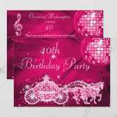 Invitation Balle Disco, Princesse Coach & Chevaux 40e Anniver (Devant / Derrière)
