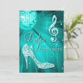 Invitation Balle disco sarcelle espagnole et talons à paillet (Debout devant)