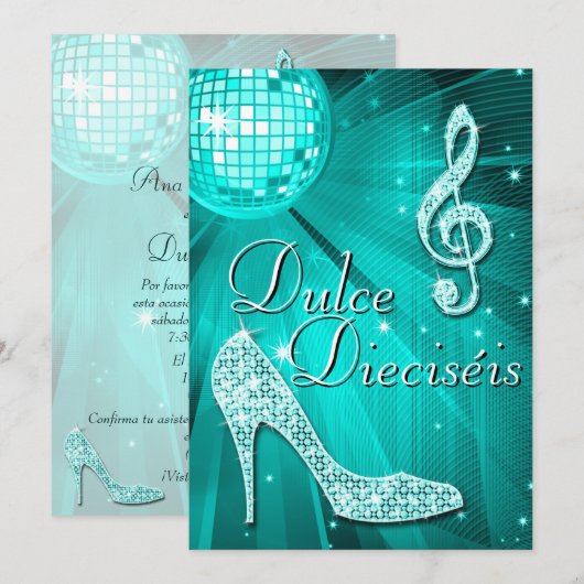 Invitation Balle disco sarcelle espagnole et talons à paillet (Devant / Derrière)