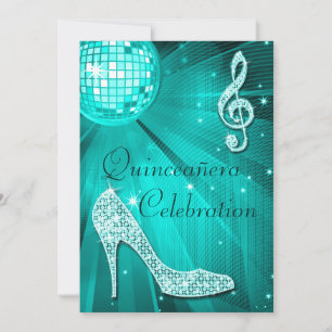 Invitation Balle disco sarcelle et talons à paillettes Quince