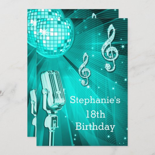 Invitation Balle Disco turquoise et micro rétro 18e anniversa (Devant / Derrière)