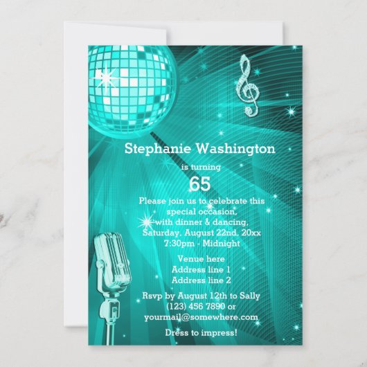 Invitation Balle Disco turquoise et micro rétro 65e anniversa (Dos)