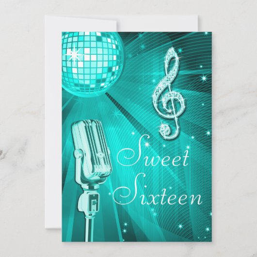 Invitation Balle Disco turquoise et micro rétro Sweet 16 (Devant)