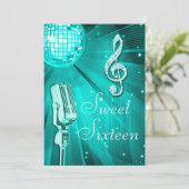 Invitation Balle Disco turquoise et micro rétro Sweet 16 (Debout devant)