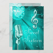 Invitation Balle Disco turquoise et micro rétro Sweet 16 (Devant / Derrière)