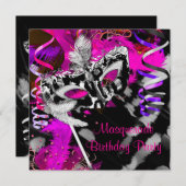 Invitation Balle Masquerade d'anniversaire Noir Argent rose (Devant / Derrière)