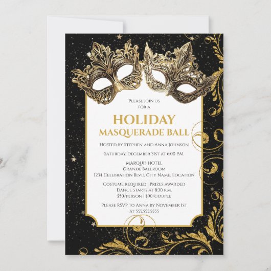 Invitation Balle Masquerade de Noël Or (Devant)