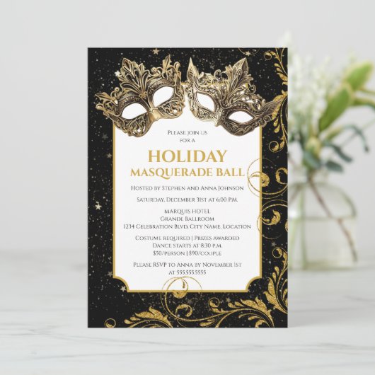Invitation Balle Masquerade de Noël Or (Debout devant)