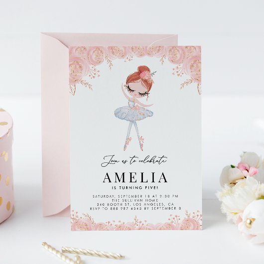 Invitation Ballerina à tête rouge en robe blanche Fleur Anniv