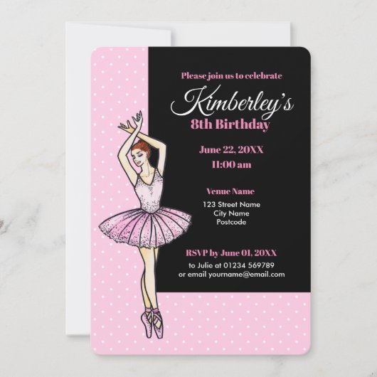 Invitation Ballerina avec robe rose et chaussures de pointe (Devant)