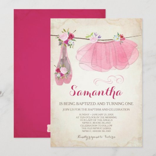 Invitation Ballerina Baptême et chaussures de ballet Tutu ann (Devant / Derrière)