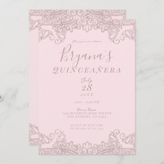 Invitation Ballerina Blush Parties scintillant rose dentelle  (Devant / Derrière)