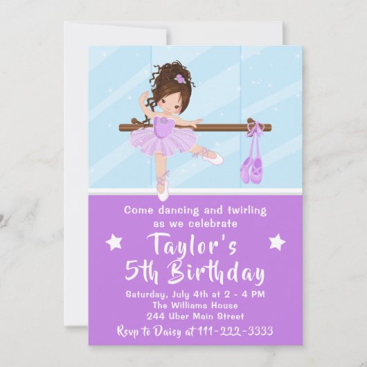 Invitation Ballerina Brown cheveux dans le violet Tutu Annive (Devant)