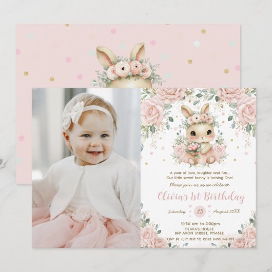 Invitation Ballerina Bunny Rabbit 1er 2ème 3ème anniversaire  (Devant / Derrière)