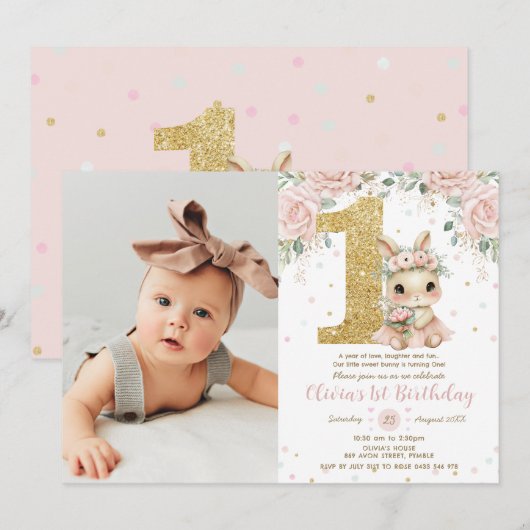 Invitation Ballerina Bunny Rabbit Blush 1st Birthday Photo (Devant / Derrière)
