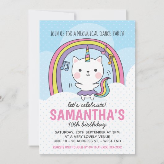 Invitation Ballerina Caticorn Cat Unicorn Party (Devant)