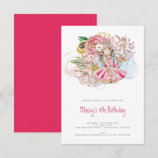 Invitation Ballerina Chat Florals Fille rose 4e fête annivers (Devant / Derrière)