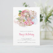 Invitation Ballerina Chat Florals Fille rose 5e fête d'annive (Debout devant)
