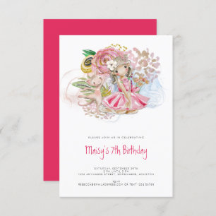 Invitation Ballerina Chat Florals Fille rose 7e fête d'annive