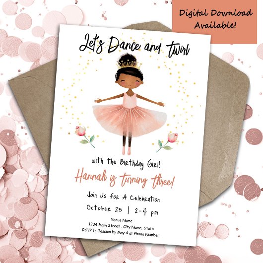 Invitation Ballerina Dance Twirl 3e anniversaire fille rose