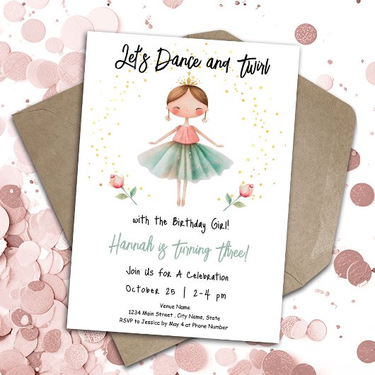 Invitation Ballerina Dance Twirl 3ème anniversaire fille