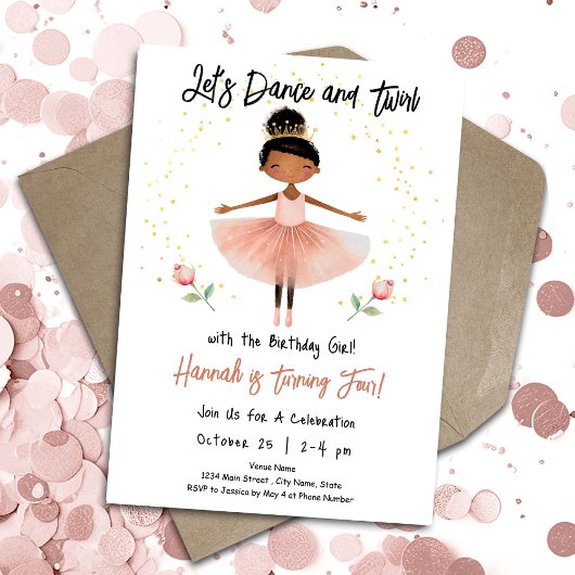 Invitation Ballerina Dance Twirl 4e anniversaire fille rose