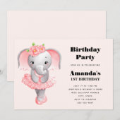 Invitation Ballerina Eléphant Cute Rose & Grey Anniversaire (Devant / Derrière)