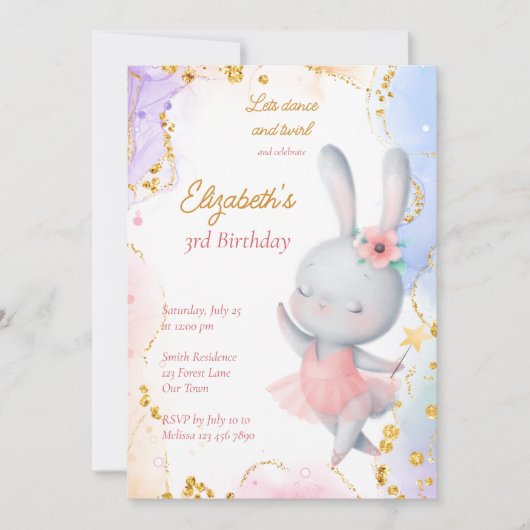 Invitation Ballerina fête d'anniversaire mignon lapin dansant (Devant)
