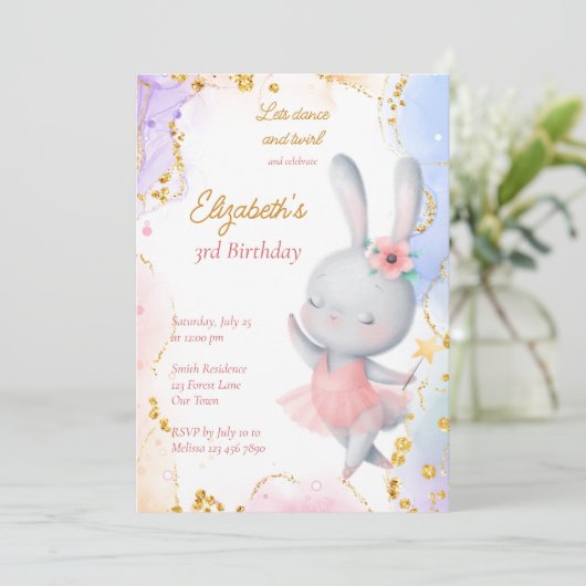 Invitation Ballerina fête d'anniversaire mignon lapin dansant (Debout devant)