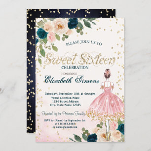 Invitation Ballerina Fleurs Diamants Marine Blue Sweet 16