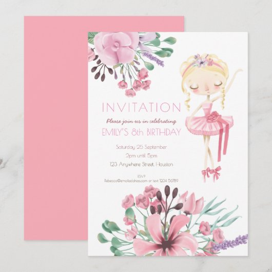 Invitation Ballerina Florals Fille 8e fête anniversaire (Devant / Derrière)