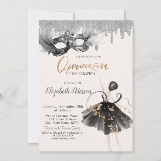 Invitation Ballerina Masque Glitter Drips Quinceanera (Devant)
