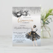Invitation  Ballerina Masque Glitter Drips Silver Quinceanera (Debout devant)