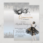 Invitation  Ballerina Masque Glitter Drips Silver Quinceanera (Devant / Derrière)