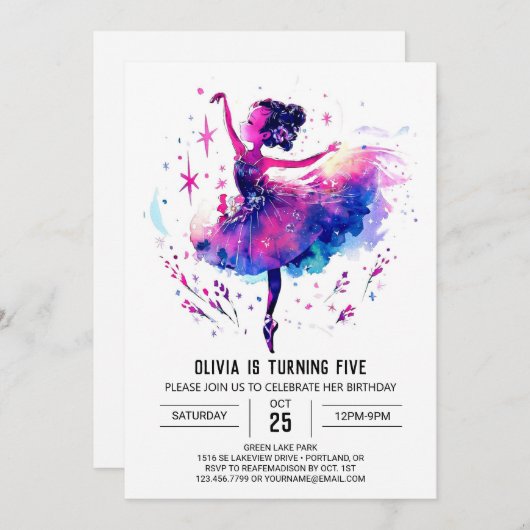 Invitation Ballerina mignonne à imprimer Anniversaire (Devant / Derrière)