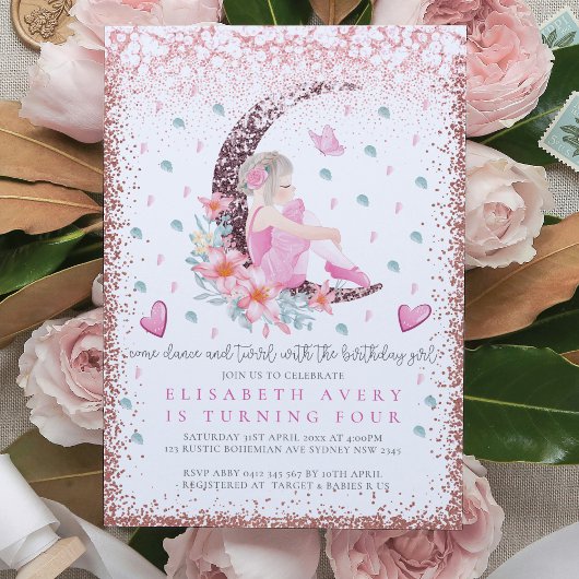 Invitation Ballerina Moon Pastel Parties scintillant rose Ann
